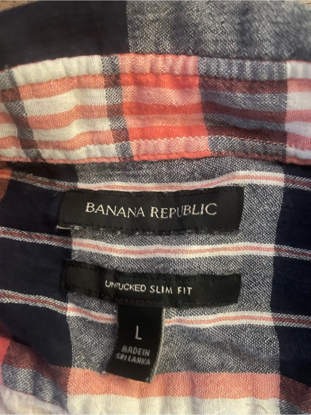 Banana Republic Navy, White & Coral Plaid Long Sleeve Shirt